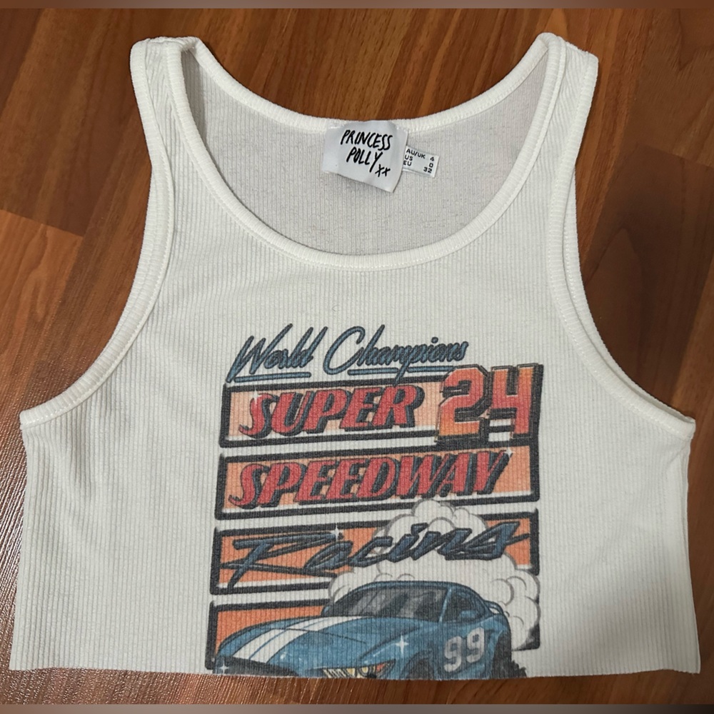 Princess Polly White Crop Top with Racing Graphic